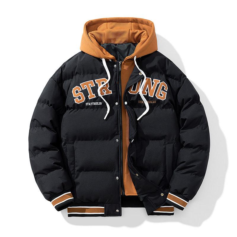 

Winter cotton-padded men s new fake two-piece hooded cotton-padded men s thickened short bag clothes hooded warm top jacket M чорний