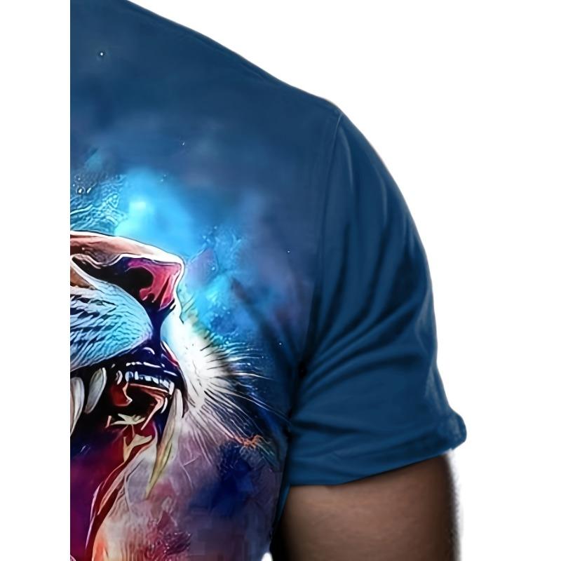 Men's 3D Roaring Lion Printed T-Shirt Cool Galaxy Flame Animal Graphic Tee Casual Short Sleeve Crewneck Top Hip Hop Streetwear Summer Fashion Clothes