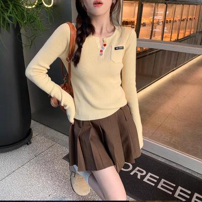 Yellow Knitted Sweater Women's New Spring and Autumn V-neck Bottoming Shirt Long-sleeved Inner with Autumn and Winter Sweater Design Top