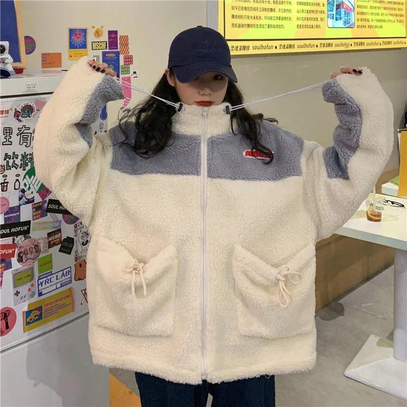 Bunda s stojáčkem z jehněčí vlny Dámská BF Barevně ladící Volný Cardigan Zip Plus Sametová silná zateplená bunda Dámská Lehká zateplená bunda