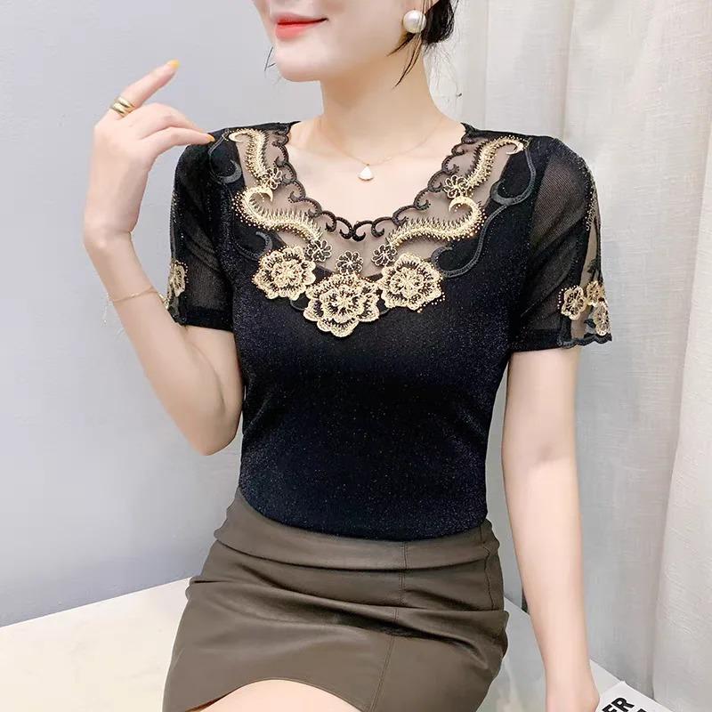 Summer Lace Hot Diamonds Embroidery Flower Designer T-Shirt Elastic Sexy O-Neck Slim Mesh Tops Chic Women's Short Sleeved Vintage Tees Blouse