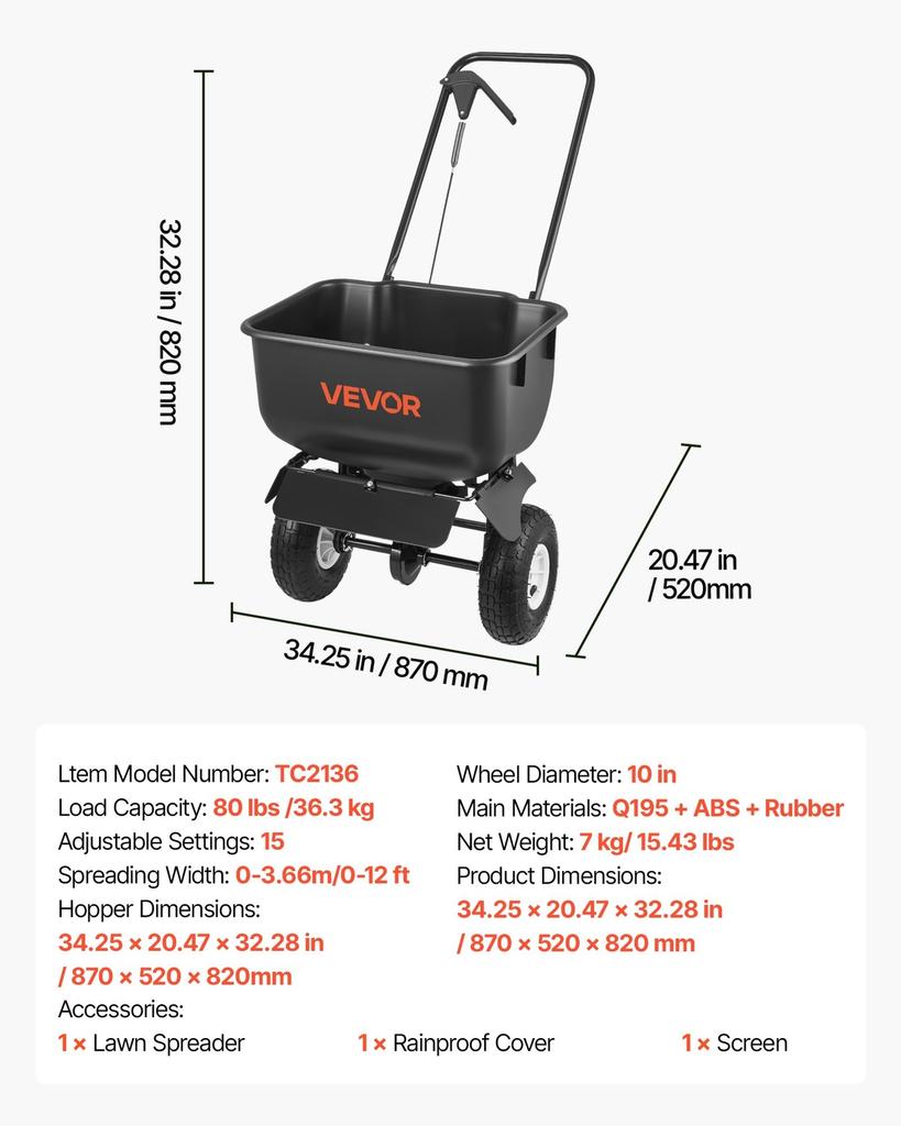 Schiebe-Rasenstreuer, 3,6m Streubreite, Streuwagen mit 36,3kg Ladekapazität & 10 Zoll All-Terrain-Reifen, Handgeführter Garten- und Rasenstreuer