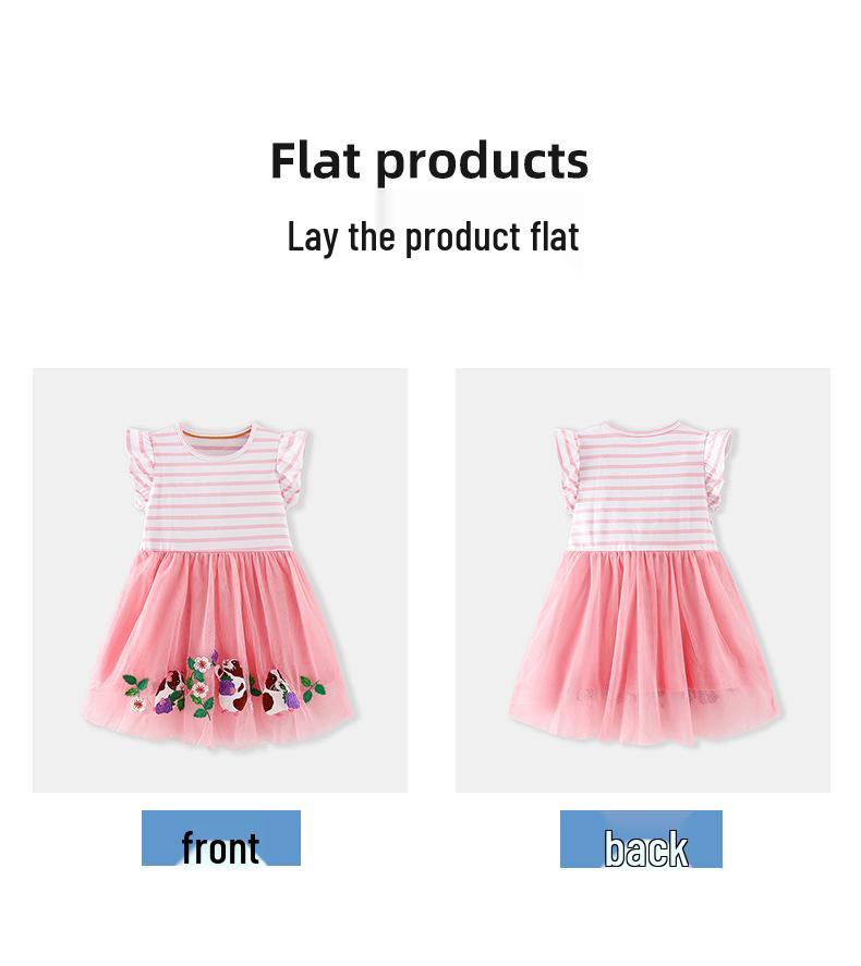 2026 Frühling/Sommer gestreiftes Rüschenärmelkleid für Mädchen mit Tierstickerei und Netzrock