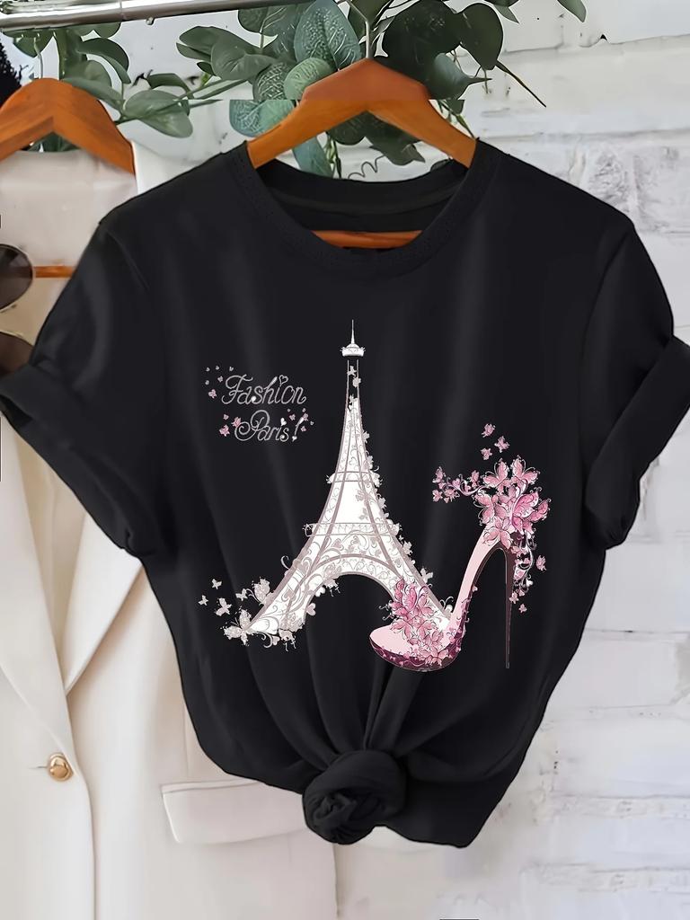 Vibrant Eiffel Tower Graphic Tee Casual Short Sleeve Crew Neck Top for Summer with Comfortable Simple Street Women's Clothing