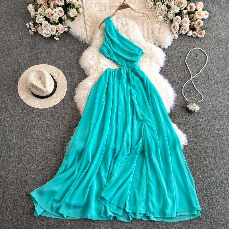 

Off-the-Shoulder Party Ladies Elegant Diagonal Collar Suspender Dress Blue XL