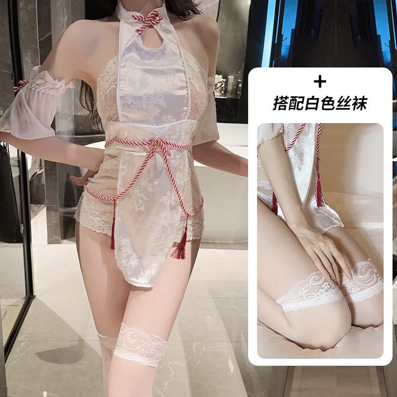 Sex underwear women's sexy hollowed-out cheongsam stand-up collar drawstring hip wrap pure desire antique Hanfu uniform pajamas set