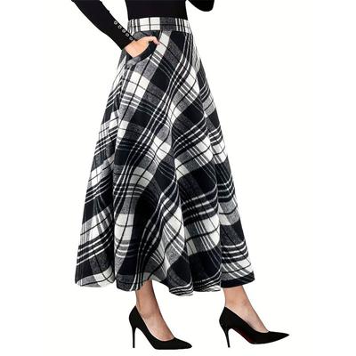 Women's Summer Black and White Check Large Pockets Long Casual Umbrella Skirt