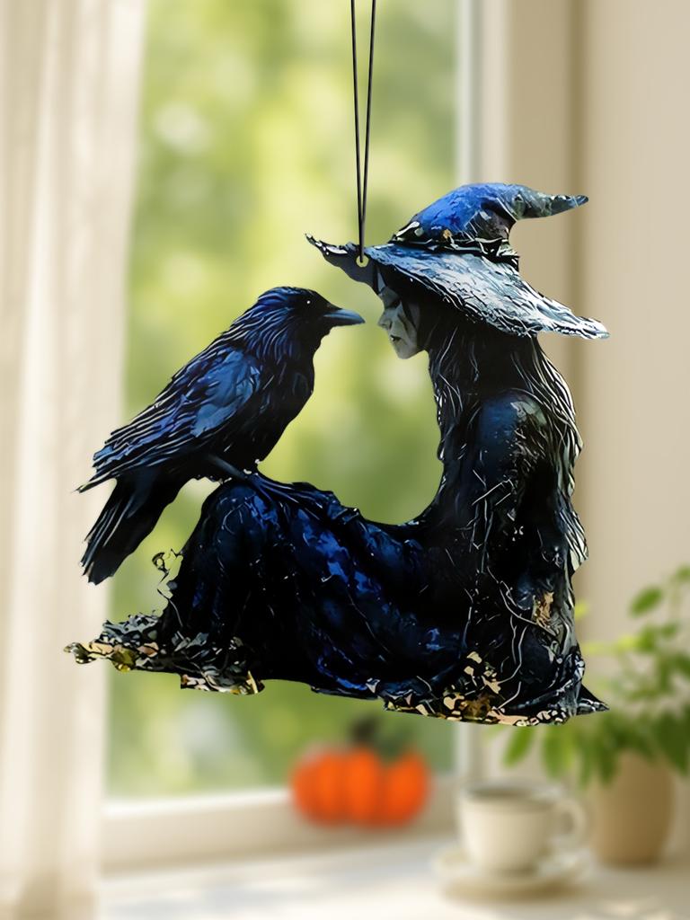 Akrilinės Juodos & Mėlynos Raganos & Varnos Kabantys Papuošalai Langų Pakabukai Gotikiniai Helovino Saulės Gaudyklės Sienų Dekoras Namams & Šventėms