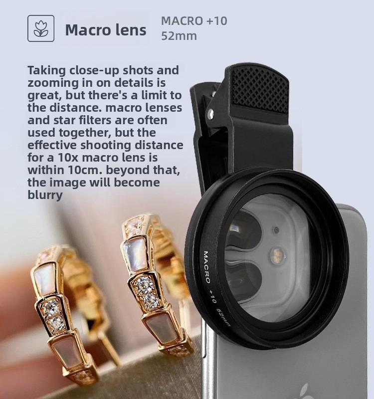 52mm Smartphone Use Camera Lens 3-In-1 Set Macro 10X Filter 8 Star Lines CPL Polarizing Filters
