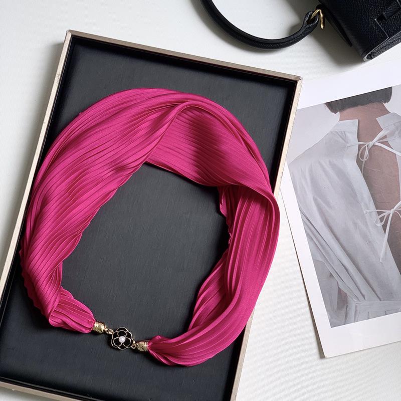 New Monochrome Magnetic Variety Silk Scarf Necklace Women's Pleated Summer Sunscreen Headscarf Decorative Scarf