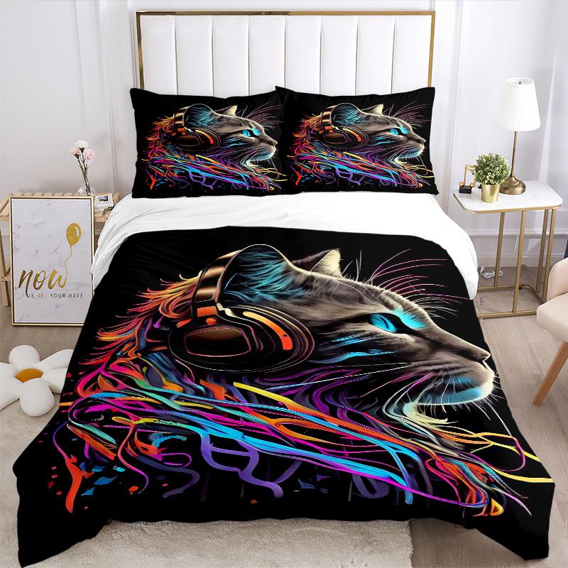3pcs Music and Art Cat Quilt Set Cartoon Themed Bed Quilt Set Lovely Character Bedroom Decor Bed Quilt Set Four Seasons (1 Cover + 2Pillowcase NO