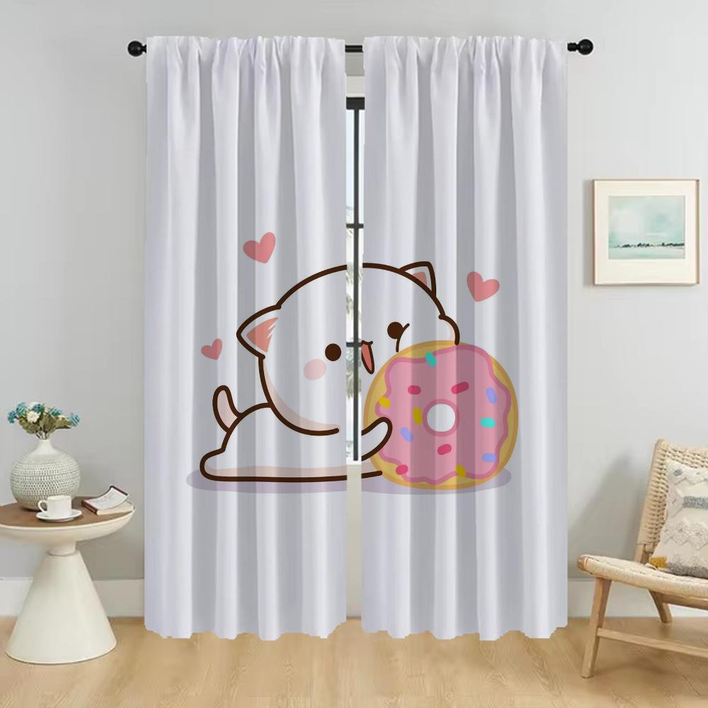 Pfirsich Mochi Katze Raumteiler Verdunkelungsvorhänge für Wohnzimmer Jalousien Tüll für Schlafzimmer Heimdeko Vorhänge 2 Stück Vorhang