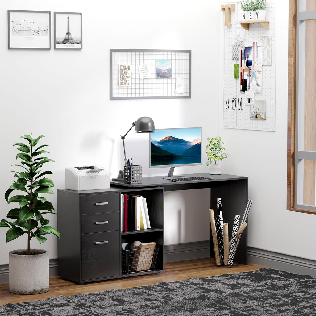 Corner PC Desk with 2 Drawers and Open Shelves, L-Shaped Corner Desk In Wood and Metal, 117x83.5x76 Cm, Black