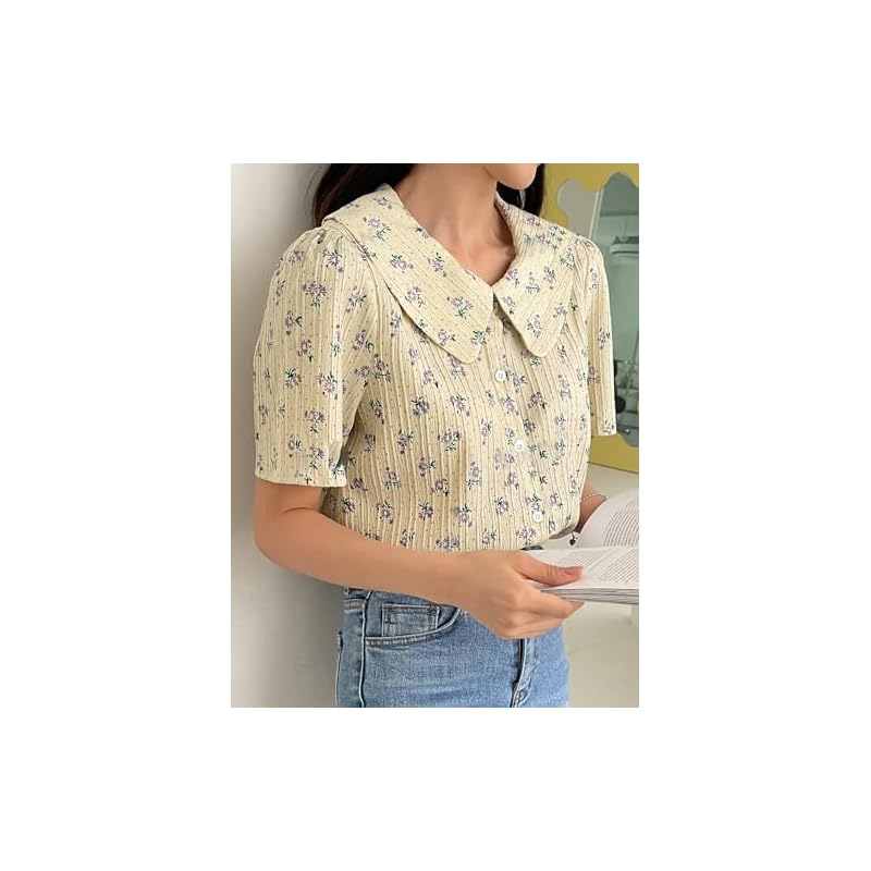 GRECIILOOKS Floral Regular Fit Long Tops Oversized Shirt for Women (GL-W1896_Yellow S) S