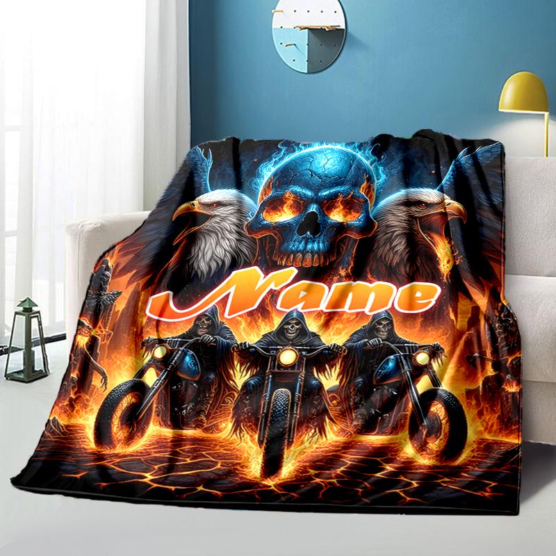 1PC Custom Name Eagle Motorcycle Inferno outdooor Flannel blankets Throw Blanket All-Season Throw Gift Bedspread for Couch, Bed, Camping Holiday Birth