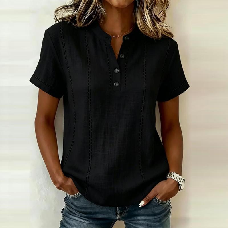 Elegant Women Blouse Shirt V Neck Button Patchwork Short Sleeve Shirts for Women Summer Striped Loose Tee Women Casual T-shirts