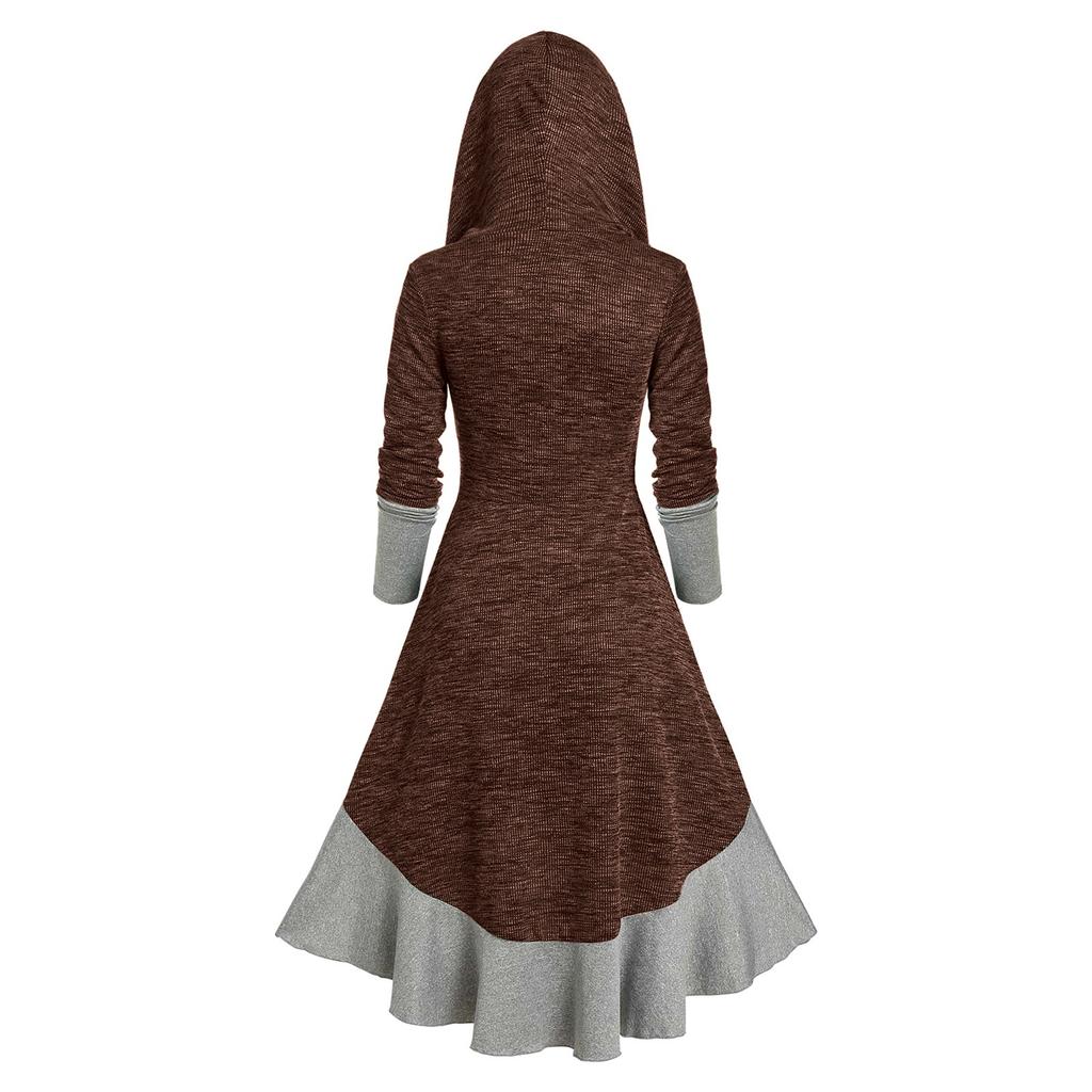 Women  Contrast Ribbed Ruffles Flare Sleeve Button Coat High Low Cardigan