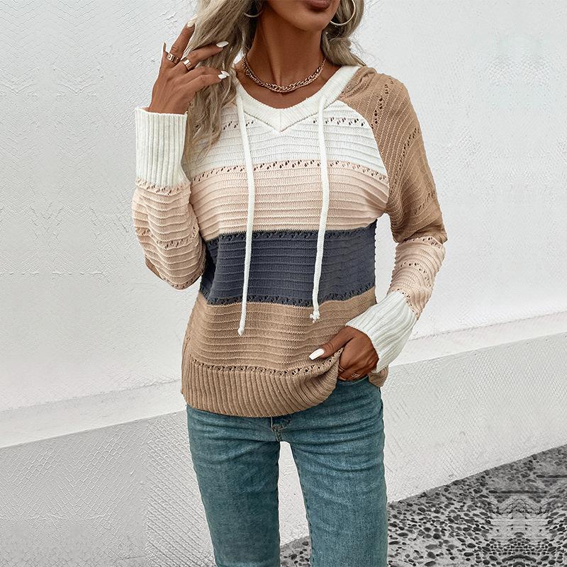 Autumn Women's Knit Blouse Sweatshirt Loose Cozy Casual Hooded Colorblocked Pullover Knit Sweatshirt