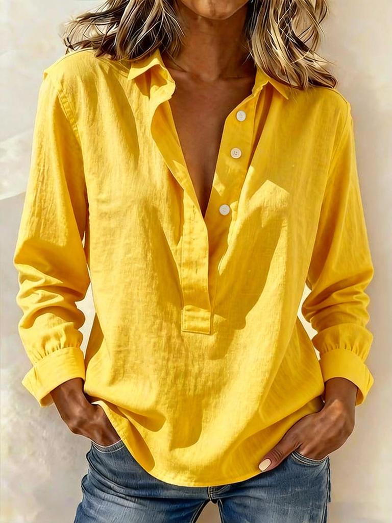 Women Casual Long Sleeve Lapel Button Front Blouse Solid Color Loose Fit Shirt for Daily Wear