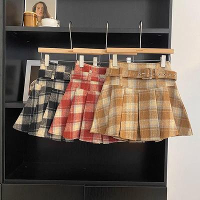Damen Retro Karriertes Wollmischung Hohe Taille Faltenrock - Herbst/Winter Akademie Stil A-Linie Kurzer Rock