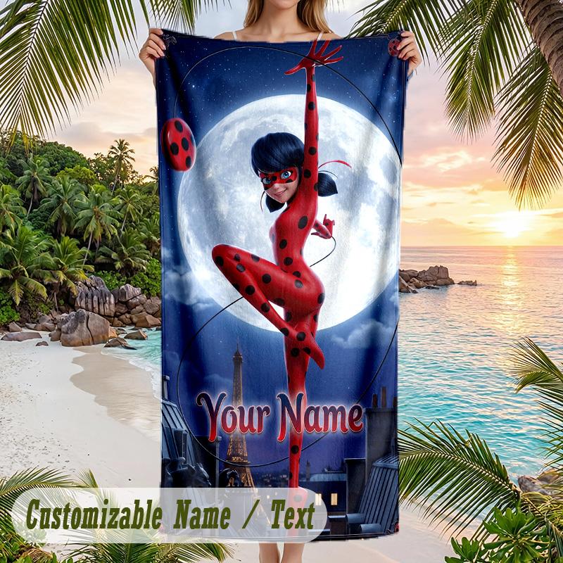 Asciugamano da Spiaggia Miraculous Ladybug, Testo Personalizzato su Misura, Asciugatura Rapida Morbido Grande Asciugamano per Piscina Viaggio