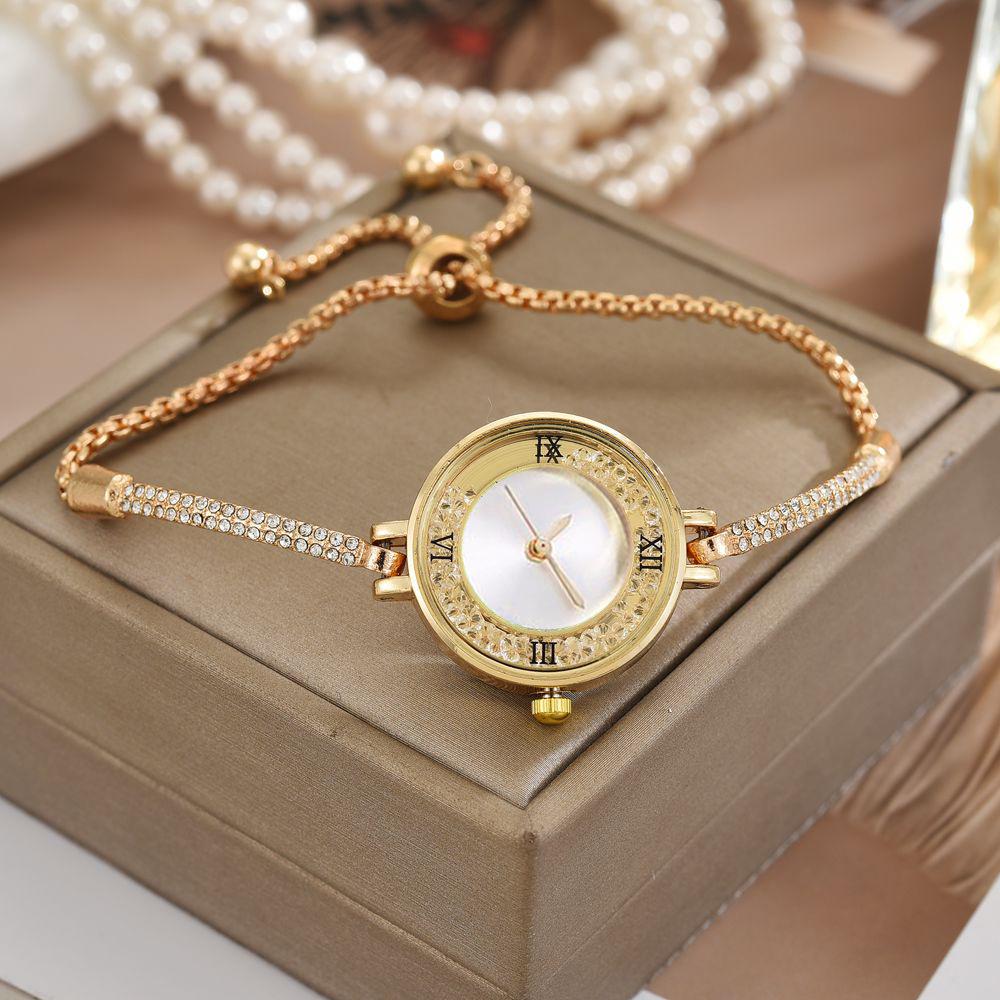 Elegant Petite Quicksand Water Diamond Bracelet Watch with Bangle, Perfect for College Students