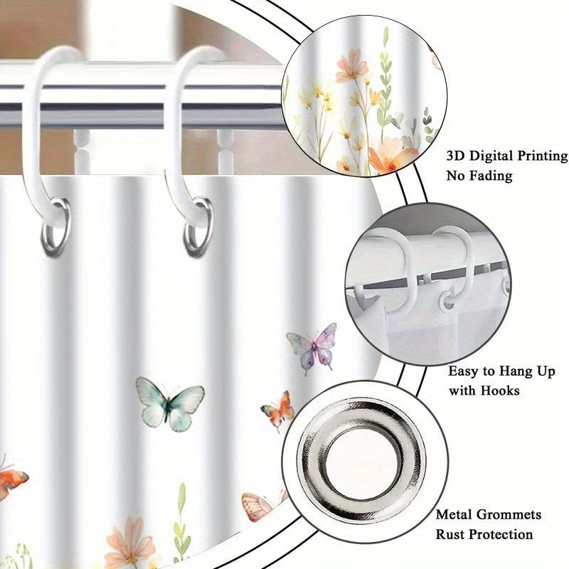 Waterproof Machine Washable Shower Curtain Butterfly Floral Pattern Design Shower Curtain Creative Decoration Bathroom Curtain