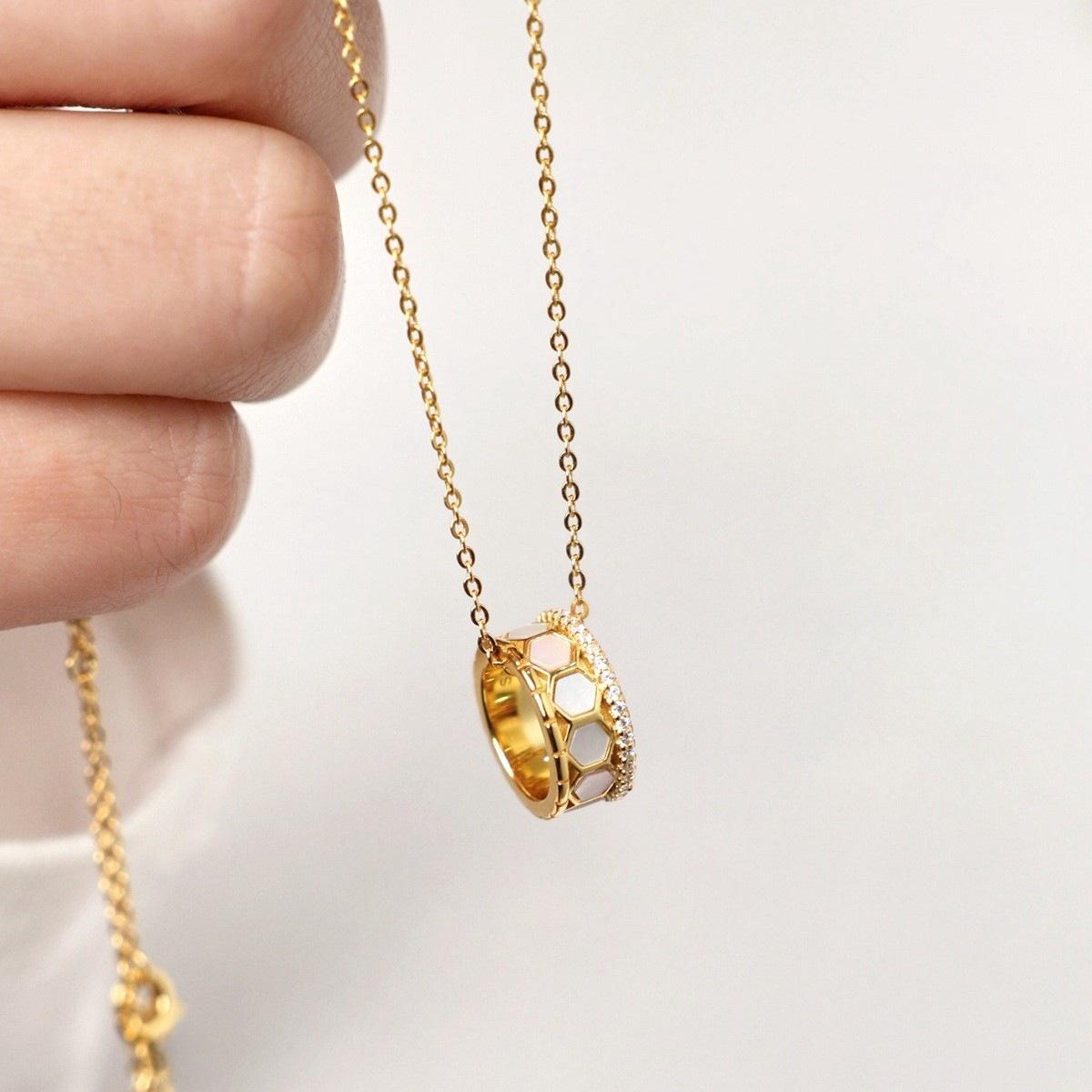 Honeycomb S925 Sterling Silver Necklace with 18K Gold Plated Hexagonal Mother-of-Pearl Pendant - Elegant Daily Wear for Women 18K Gold