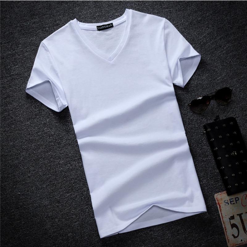 QICED Men's Tide Cotton Short Sleeve Summer Solid Colour V-Neck T-Shirt