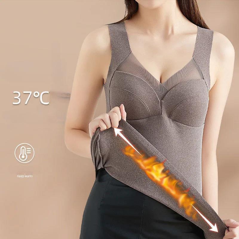 Winter Women's Velvet Thermal Vest Sleeveless Thermal Underwear with Bra Pads Sleeveless Bottoming Shirt Fleece Undershirt with Bra Pads
