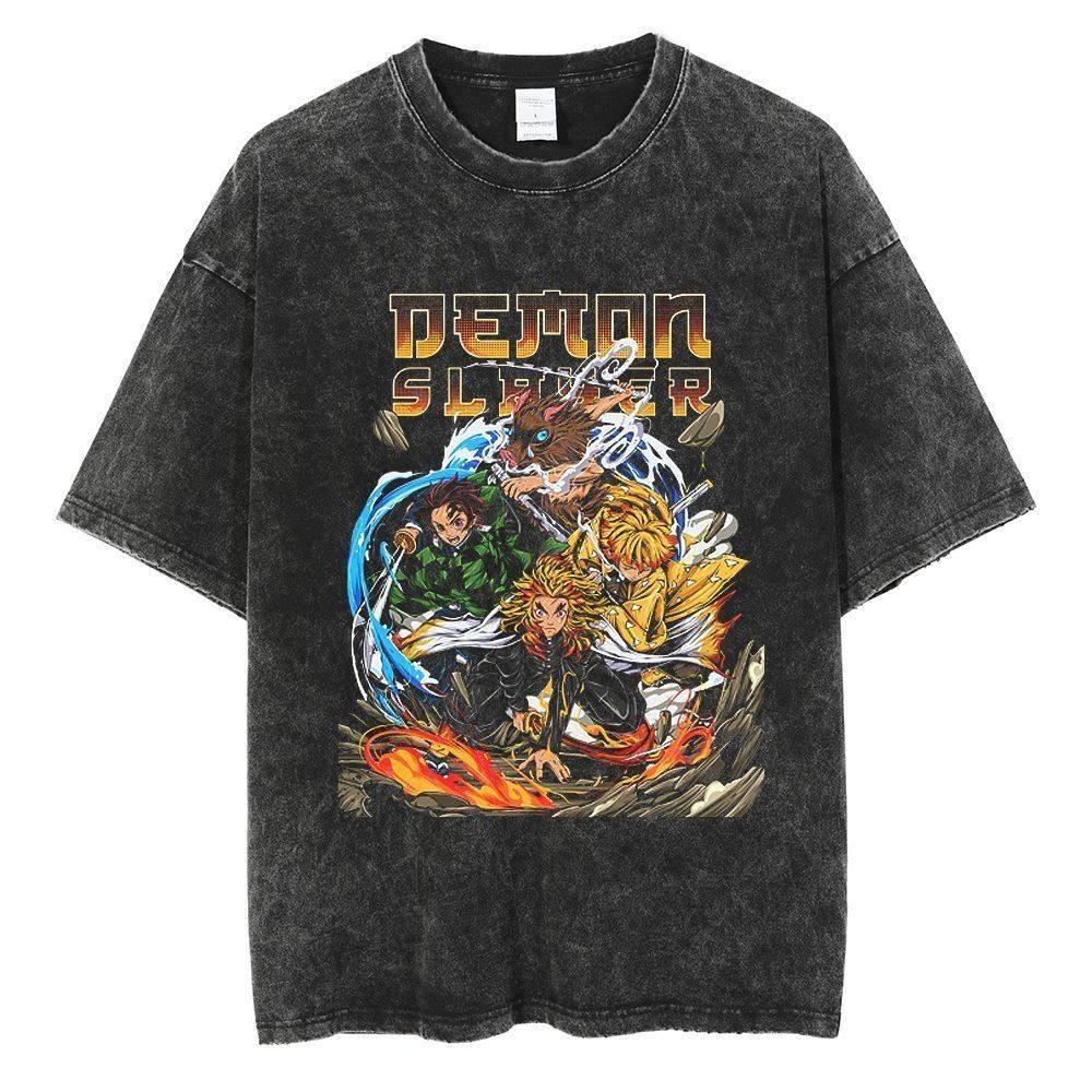 Original Ghost Slayer Retro Washed Anime Short Sleeved T-shirt with Printed Pattern for Daily Leisure Sports T-shirt
