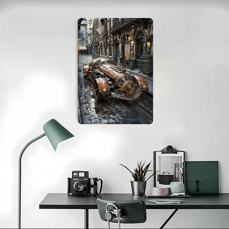 Steampunk Car In City Tinplate Poster Customized Wall Art Vintage Metal Signs Retro Tin Plaque for Bedroom Decoration Gaming