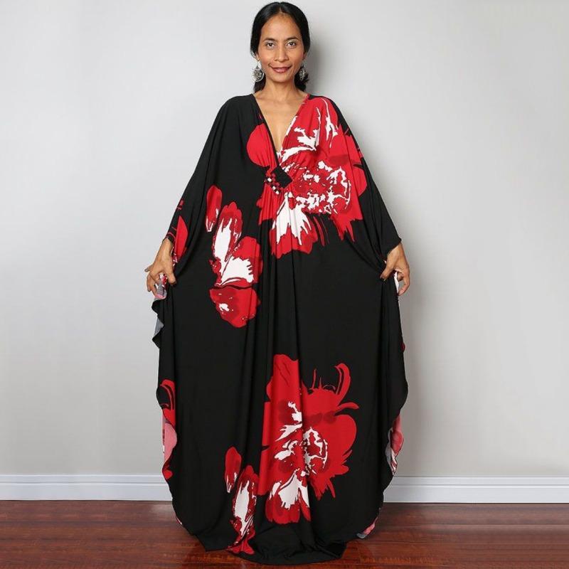 Mote for kvinner Vår Høst Fargeblokkprint Langermet V-hals Løs Midje Hverdagskjoler