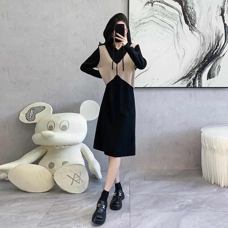 Autumn and Winter Long-sleeved Hooded Simple and Loose Pullover Temperament Thin Age-reducing Knitted Dress Women