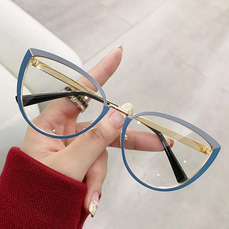 Stylish PC Screen Myopia Glasses Frames Women Optical Diopter Glasses Anti Blue Light Purple Cat-Eye Shaped Metal Eyeglasses Minus