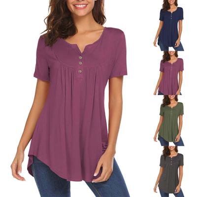 Damen Kurzarm-Tunika, lockere Oberteile, lässig, Übergröße, Oberteile, plissierte Tunika, Knopf, lässig, Sommer-T-Tops für Damen