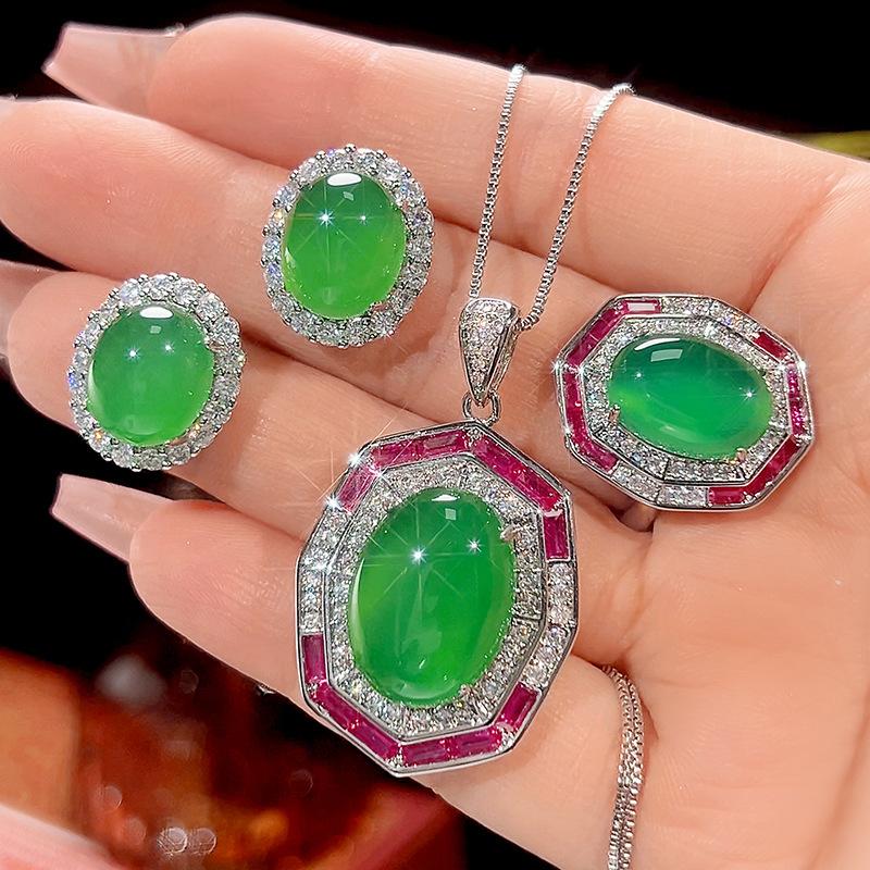 Jewelry Simulation Chalcedony Retro Light Luxury Set Main Stone 13 * 18-10 * 14