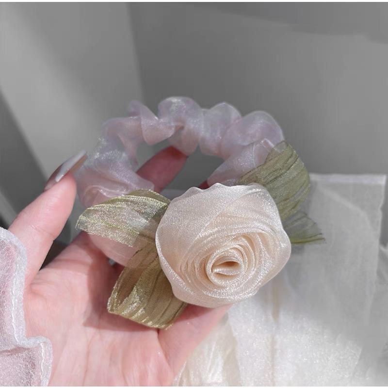 2PCS Elegant Ladies Net Yarn Rose Flower Hair Rope Fashion Elastic Sweet Hair Scrunchies Ties For Women Girls Bride Bridesmaid