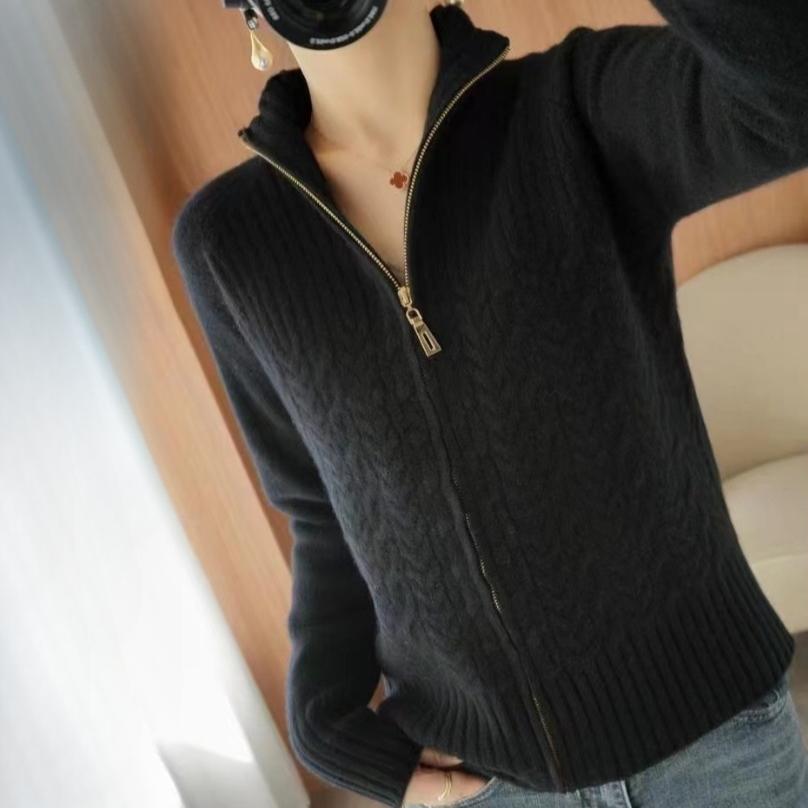 

IHUASU Весенний кардиган женский на молнии свободный универсальный повседневный модный витой цветок воротник-стойка джемпер пальто XXL чёрный