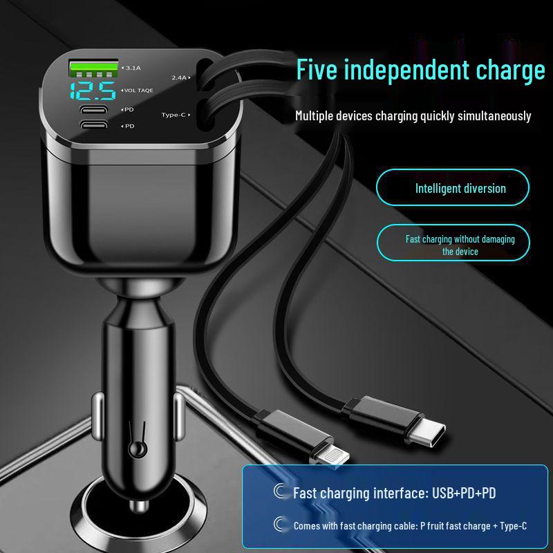 Digital Display Car Charger with Retractable PD Cable - Fast 5-in-1 Cigarette Lighter Charger