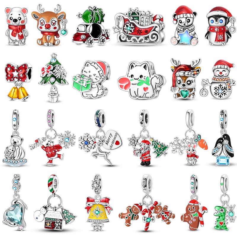 Christmas Charms Beads Copper Christmas Tree Snowman Elk Charm Fit Original Bracelet Pendents Women Party Jewelry