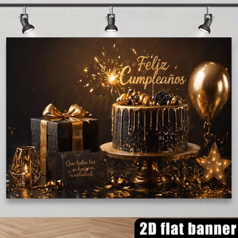 2D Spanish Happy Birthday Backdrop, Black Gold Cake & Gift Photography Background