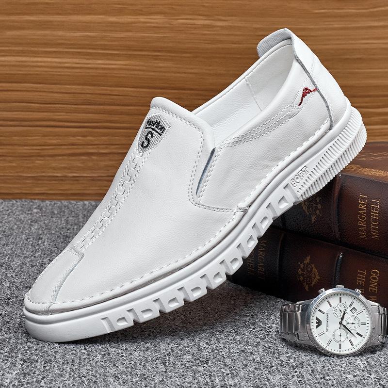 2025 Frühling und Herbst Herren Handgenähte Lässige Lederschuhe Herren Leder Atmungsaktive Bequeme Fahrschuhe Weiß 9557