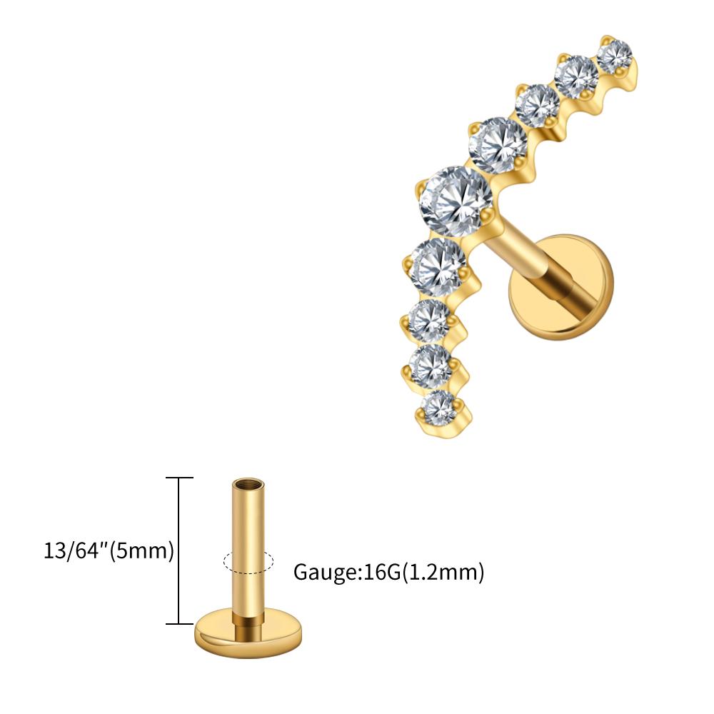 Right Grand ASTM F136 Titanium Arc CZ Cluster Labret Curved Bar Flat Back Stud Earring Helix Cartilage Conch Piercing Jewelry