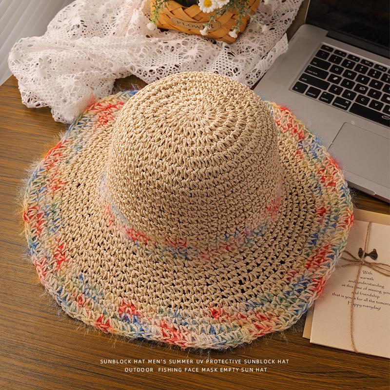 Sunscreen hat women's summer color woven straw hat seaside vacation breathable hollow large brim UV protection sun hat