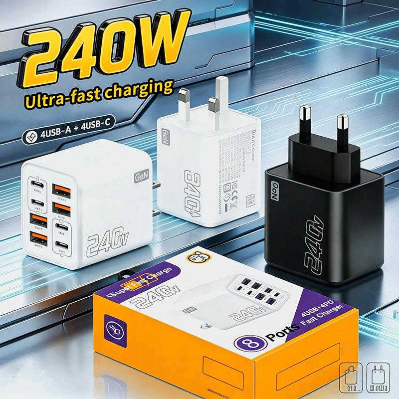 240W Gan Usb C Charger 8 In 1 Fast Charging Phone Charger Power Adapter For Eu/Us/Uk Plug Wall Charger