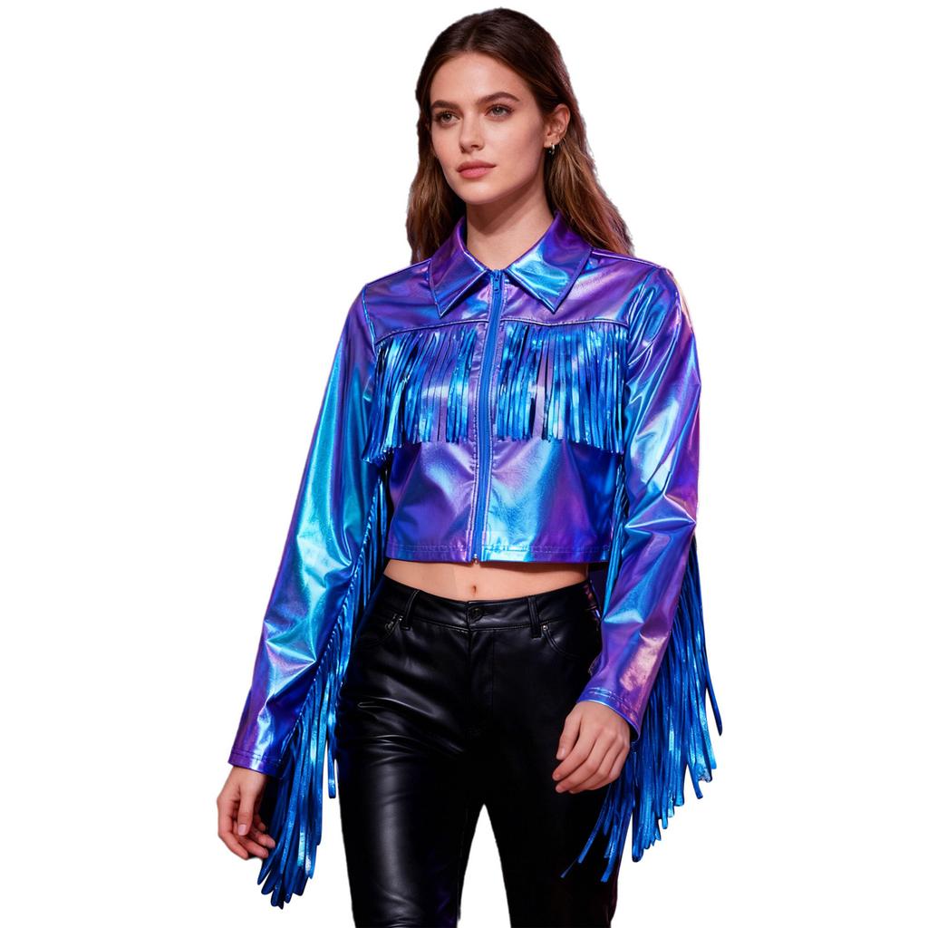 Women's Dance Birthday Party Jacket S-3XL: Tassels Metallic Glossy Turn-Down Collar Long Sleeve Zipper Fringe Shiny Design