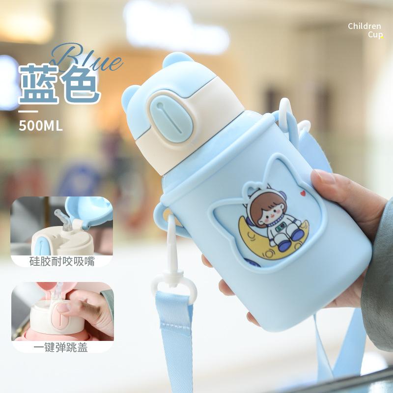 Stainless steel straw cup student cartoon pattern portable cup cover thermal insulation water cup .