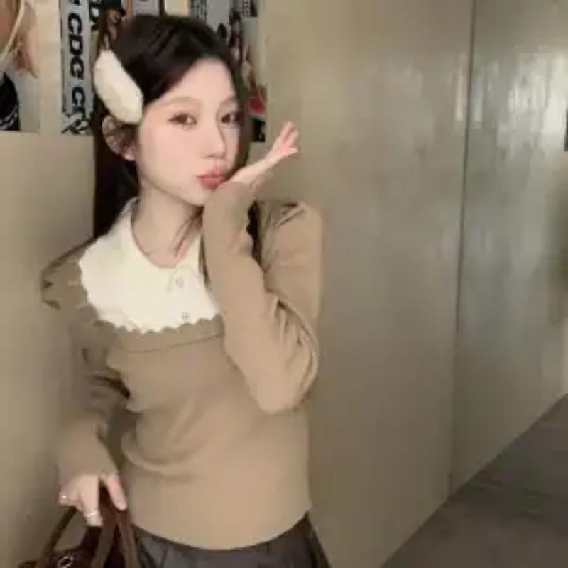 Baby-Puppenkragen Kontrastfarbe Pullover Frühling Damen Fake Zweiteiler Gespleißt Puffärmel Unterhemd Schickes Oberteil