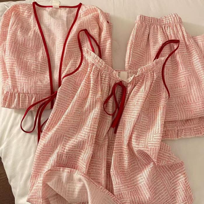 

Bow striped pajamas women s cloud cotton spring and summer three-piece set new Chinese suspender long sleeve pink loungewear M